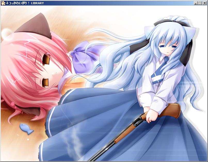 inuzumi masaki, natsume eri, nami (neko kawaigari!), norma, norma (neko kawaigari!), umi (neko kawaigari!), umi (nekokawaigari), neko kawaigari!, nekokawaigari, umi, game cg, spoilers, 2girls, animal ears, cat ears, death, gun, hair ornament, hairclip, irony, multiple girls, shotgun, weapon
