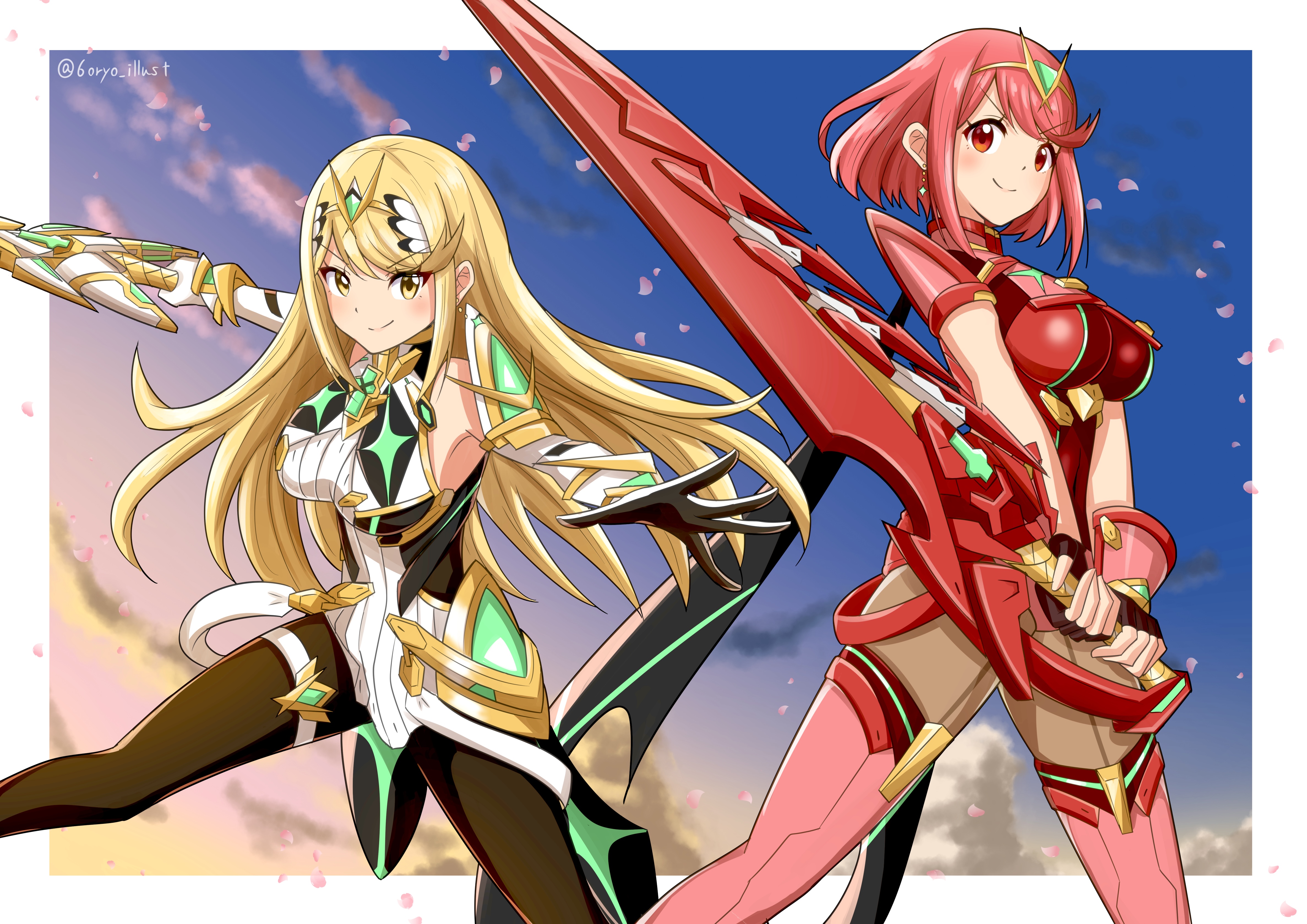 ryochan96154, mythra (massive melee) (xenoblade), mythra (xenoblade), pyra (xenoblade), nintendo, super smash bros., xenoblade chronicles (series), xenoblade chronicles 2, absurdres, highres, 2girls, aegis sword (xenoblade), armor, bare shoulders, black gloves, black pantyhose, blonde hair, blush, bob cut, breasts, chest jewel, core crystal (xenoblade), dress, earrings, elbow gloves, fingerless gloves, floating earrings, gloves, impossible clothes, jewelry, large breasts, long hair, microdress, multiple girls, neon trim, pantyhose, pantyhose under shorts, red eyes, red hair, red shorts, red thighhighs, short hair, short sleeves, shorts, shoulder armor, smile, swept bangs, thigh strap, thighhighs, thighhighs over pantyhose, tiara, very long hair, white dress, white gloves, yellow eyes