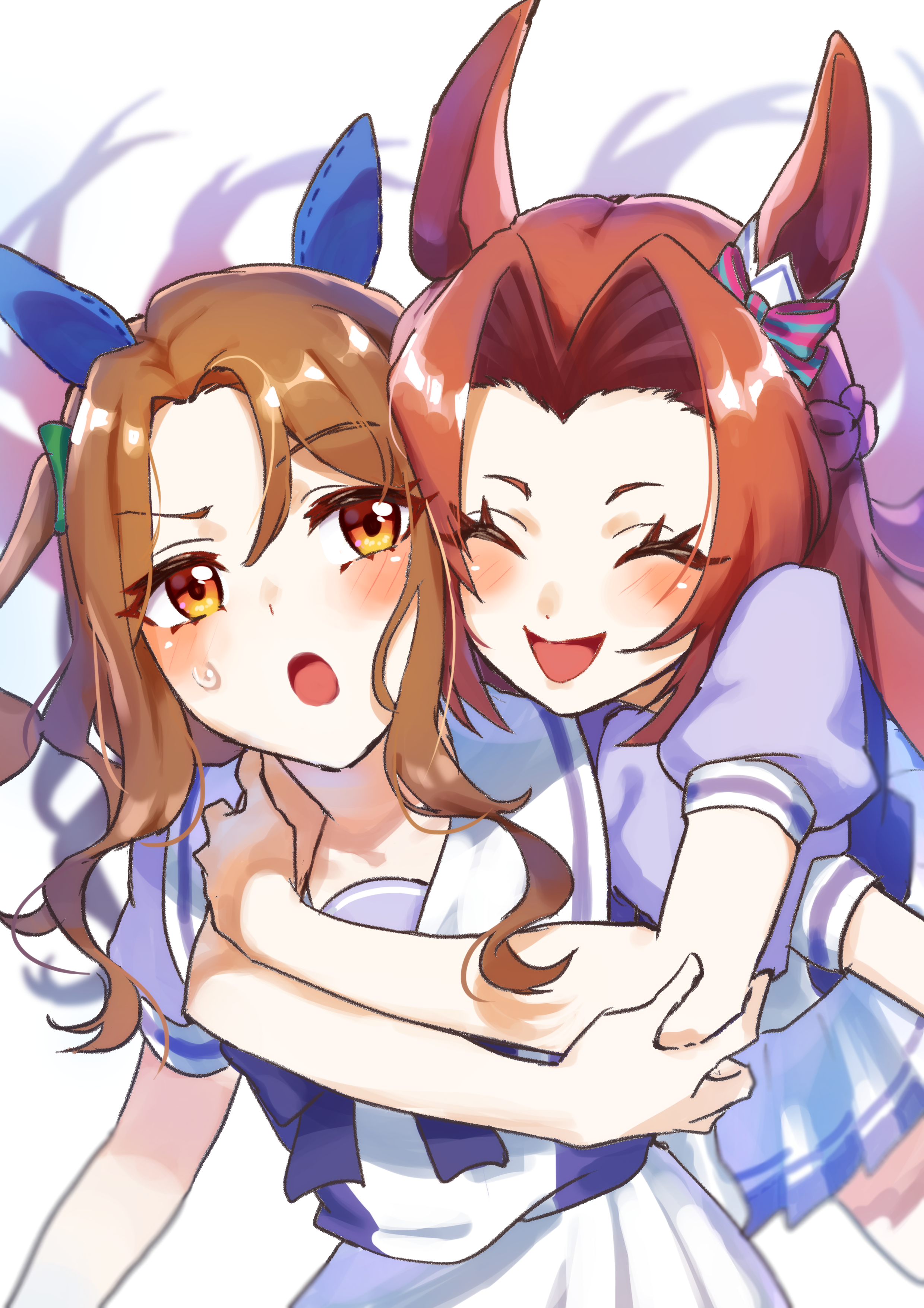 kawakami princess (umamusume), king halo (umamusume), umamusume, absurdres, highres, 2girls, animal ears, brown hair, closed eyes, hair ribbon, horse ears, horse girl, hug, hug from behind, multiple girls, one side up, open mouth, orange eyes, parted bangs, pleated skirt, purple shirt, ribbon, sailor collar, school uniform, shirt, short sleeves, skirt, sweatdrop, tracen school uniform, waaaaai424, white sailor collar, white skirt