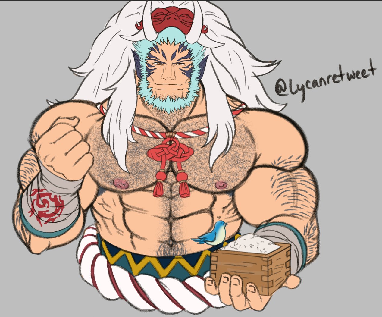 ave-moan-ia (lycanretweet), mordecai (fire emblem), mordecai (flame) (fire emblem), fire emblem, fire emblem: radiant dawn, fire emblem heroes, nintendo, commentary, english commentary, 1boy, abs, alternate body hair, arm hair, bara, beard, bird, blue hair, chest hair, clenched hand, closed mouth, cropped torso, facial hair, grey background, holding, large pectorals, looking at viewer, male focus, mask, mask on head, navel, navel hair, nipples, official alternate costume, pectorals, simple background, solo, topless male, twitter username
