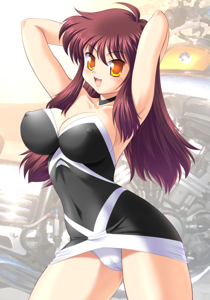 blush, breasts, brown hair, large breasts, long hair, panties, smile, underwear, yellow eyes