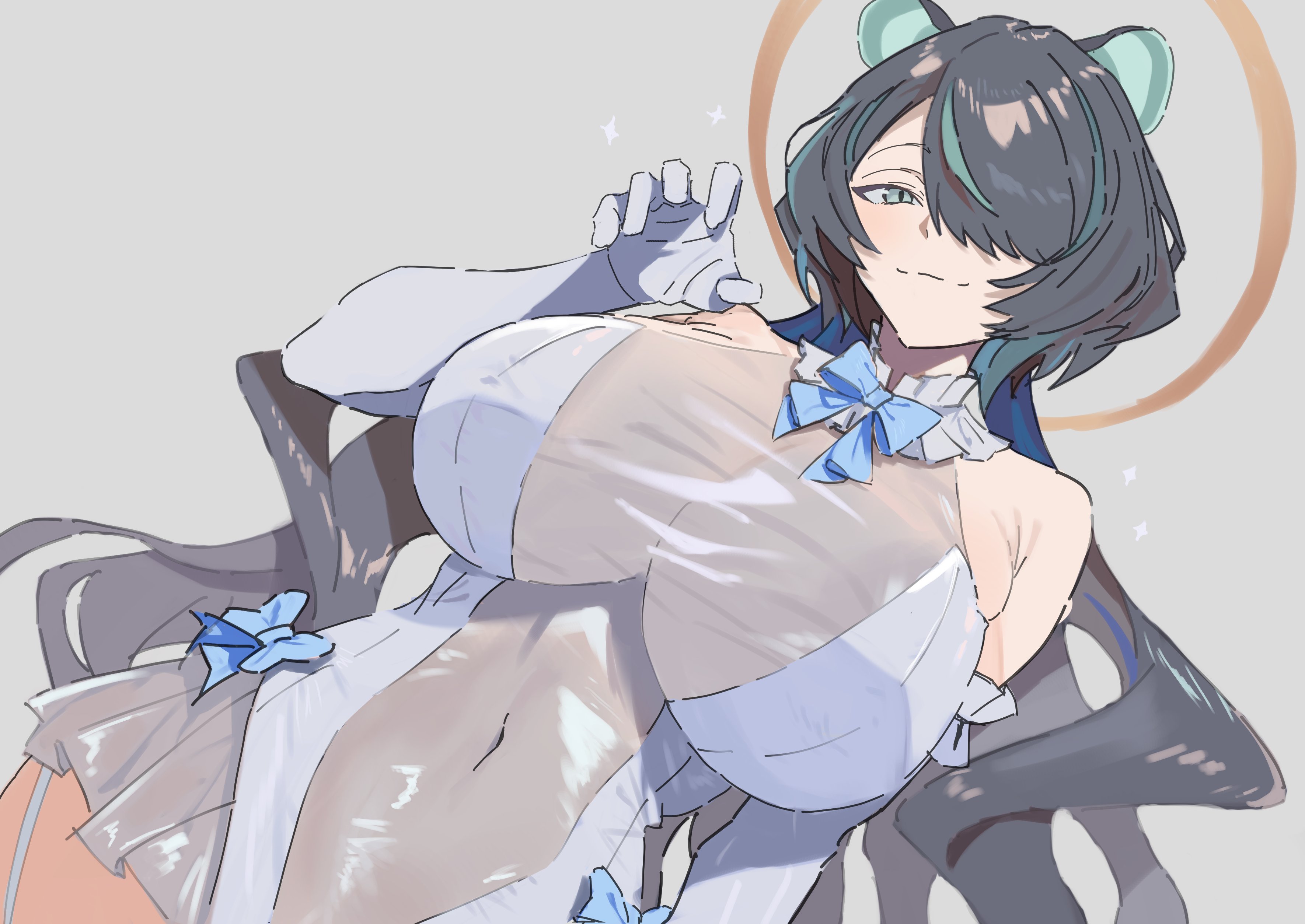 sub mhl, erina makina, phase connect, absurdres, commentary request, commission, highres, skeb commission, 1girl, animal ears, armpit crease, black hair, blue bow, blue eyes, blue hair, bow, breasts, choker, claw pose, cleavage, closed mouth, elbow gloves, frilled choker, frills, gloves, hair over one eye, halo, large breasts, leotard, long hair, mechanical arms, see-through cleavage, see-through clothes, see-through leotard, see-through skirt, single mechanical arm, skirt, solo, stomach, tiger ears, tiger girl, virtual youtuber, white gloves, yellow halo