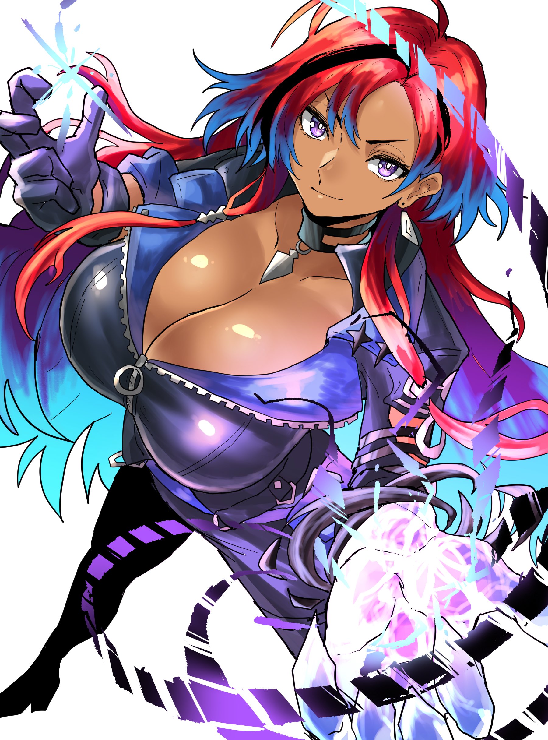 chikoinochi, absurdres, character request, copyright request, highres, 1girl, artist name, black gloves, black jacket, blue hair, breasts, cleavage, colored inner hair, dark-skinned female, dark skin, gloves, huge breasts, jacket, large breasts, long hair, looking at viewer, multicolored hair, red hair, short hair, simple background, sleeves rolled up, smile, solo, streaked hair, twitter username, two-tone hair, white background