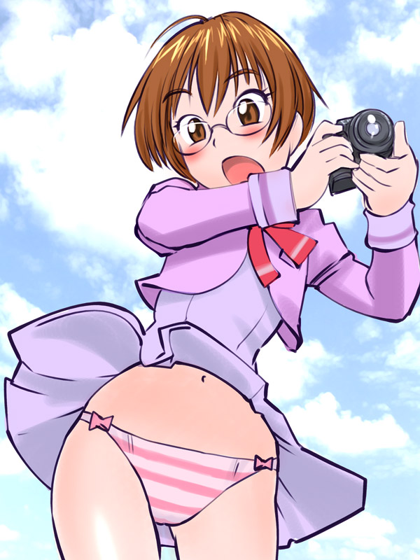 ueyama michirou, masuko mika, precure, yes! precure 5, light brown hair, 00s, 1girl, :o, ahoge, blush, bob cut, bow, bow panties, bowtie, brown eyes, camera, clothes lift, cloud, crop top, day, dress, embarrassed, eyelashes, female focus, flat chest, glasses, navel, outdoors, panties, pantyshot, pink panties, school uniform, serafuku, short dress, short hair, skirt, skirt lift, sky, solo, standing, striped clothes, striped panties, surprised, underwear, wide hips, wind, wind lift