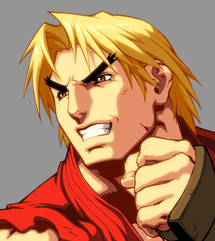 alvin lee, udon entertainment, ken masters, capcom, street fighter, street fighter ii (series), looking away, official art, 1990s (style), 1boy, angry, blonde hair, clenched hand, clenched teeth, close-up, dougi, fighting stance, fingerless gloves, gloves, grey background, japanese clothes, male focus, muscular, orange eyes, parted bangs, retro artstyle, short hair, simple background, sleeveless, solo, teeth, thick eyebrows