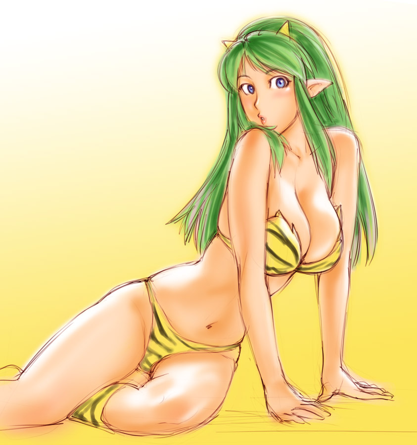 ueyama michirou, lum, urusei yatsura, 1980s (style), 1girl, animal print, bikini, blue eyes, bra, breasts, cleavage, cone horns, female focus, green hair, horns, large breasts, lingerie, long hair, navel, oldschool, panties, pointy ears, retro artstyle, sitting, solo, swimsuit, tiger print, underwear, underwear only, yellow bikini, yellow horns