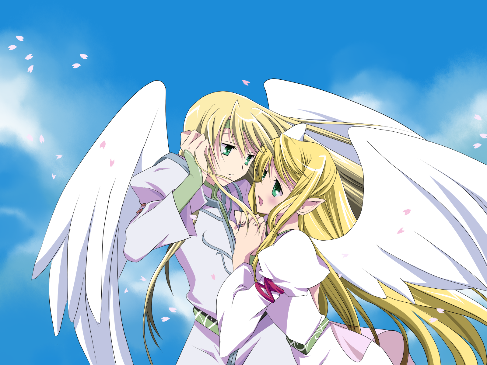 leanne (fire emblem), reyson, fire emblem, fire emblem: path of radiance, fire emblem: radiant dawn, nintendo, highres, 1boy, 1girl, :d, blonde hair, blush, brother and sister, green eyes, headband, laguz (race), long hair, open mouth, petals, pointy ears, siblings, smile, white wings, wings