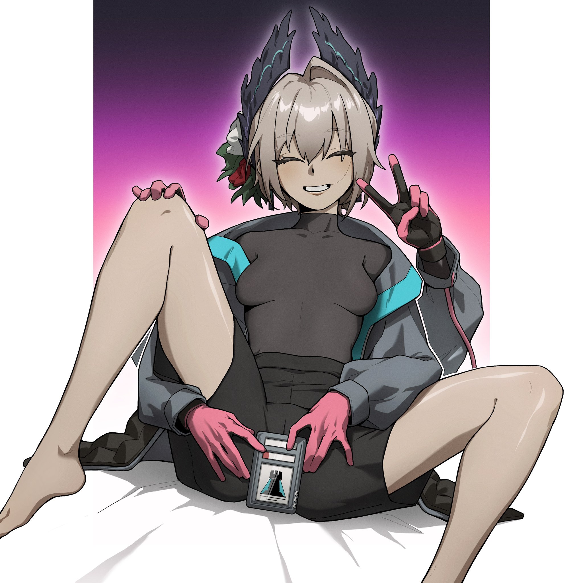 emile aoi, raidian (arknights), arknights, commentary request, highres, 1girl, bird girl, black feathers, black gloves, black shirt, black shorts, breasts, cable, closed eyes, dark-skinned female, dark skin, extra arms, feather hair, feathers, flower, gloves, grey hair, hair flower, hair ornament, head wings, id card, jacket, pink background, pink gloves, rhodes island logo (arknights), shirt, short hair, shorts, skin tight, small breasts, smile, solo, spread legs, two-tone gloves, v, white background, wings