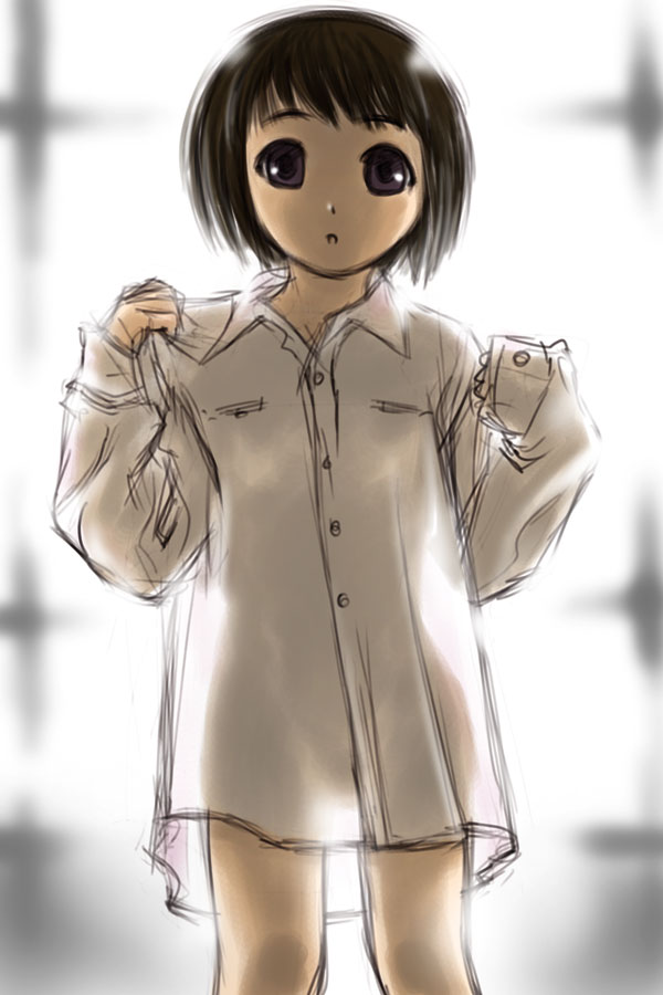 ueyama michirou, original, light, backlighting, black eyes, black hair, dress shirt, flat chest, long sleeves, naked shirt, oversized clothes, see-through clothes, see-through silhouette, shirt, short hair, silhouette, sketch, sleeves past wrists, solo