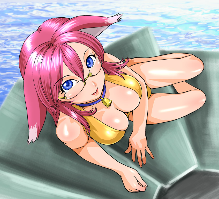 ueyama michirou, original, animal ears, bell, blue eyes, breasts, cleavage, collar, glasses, large breasts, long hair, neck bell, ocean, pink hair, sitting, solo, stairs, swimsuit