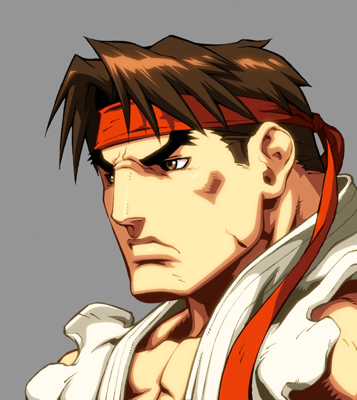 alvin lee, udon entertainment, ryu (street fighter), capcom, street fighter, street fighter ii (series), looking away, official art, 1990s (style), 1boy, angry, brown hair, close-up, dougi, frown, grey background, headband, japanese clothes, male focus, muscular, orange eyes, parted bangs, pectorals, retro artstyle, short hair, simple background, sleeveless, solo, thick eyebrows