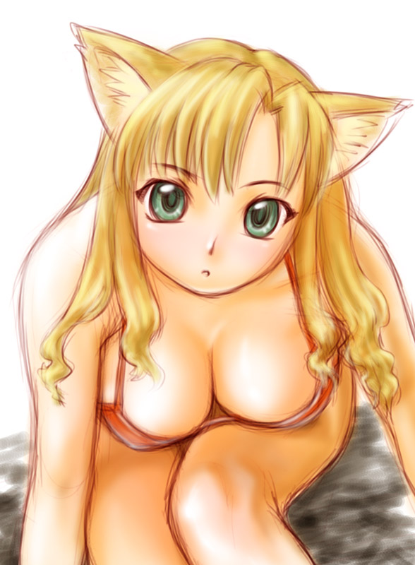 ueyama michirou, original, 1girl, animal ears, bent over, blonde hair, breasts, cleavage, downblouse, female focus, green eyes, large breasts, long hair, sketch, solo