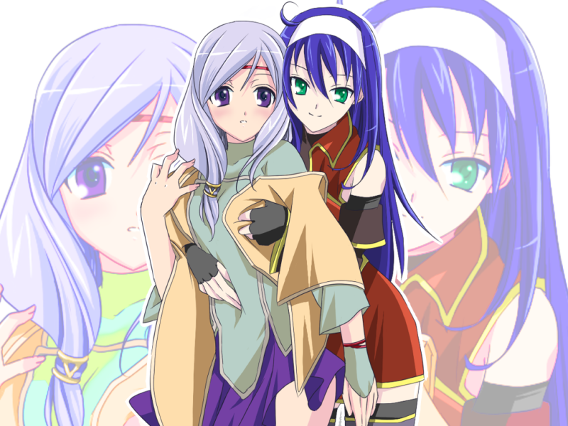 ilyana (fire emblem), mia (fire emblem), fire emblem, fire emblem: path of radiance, fire emblem: radiant dawn, kannazuki no miko, nintendo, silver hair, 2girls, breasts, grabbing another's breast, green eyes, groping, multiple girls, parody, purple eyes, purple hair, skirt, small breasts, thighhighs, yuri