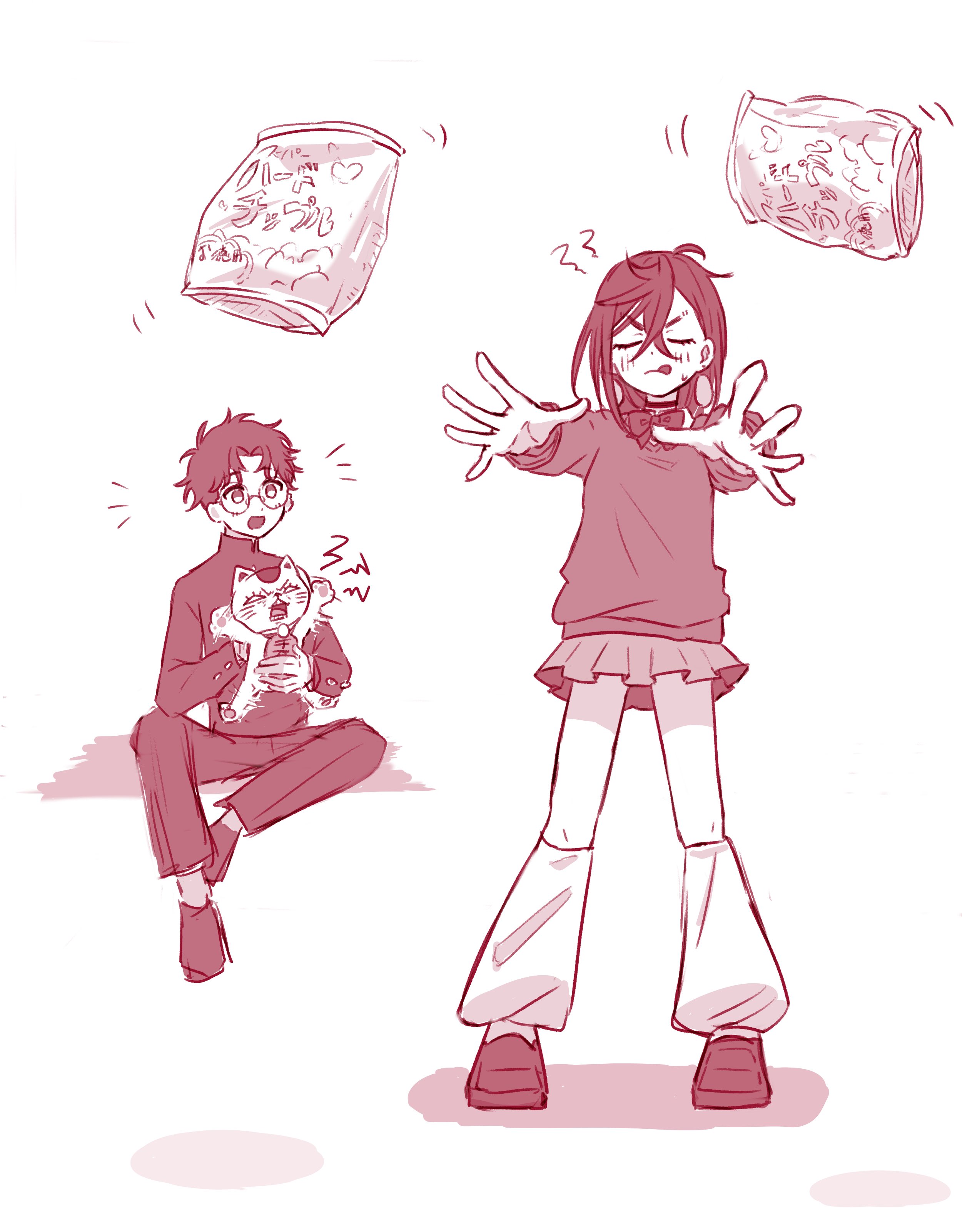 ayase momo, takakura ken (dandadan), turbo granny (dandadan), dandadan, absurdres, commentary request, highres, 1boy, 2girls, black choker, blush, bow, bowtie, cat, choker, closed eyes, closed mouth, crossed bangs, earrings, food, full body, gakuran, glasses, hair between eyes, jacket, jewelry, kakko xxx, kami high school uniform, long sleeves, looking at another, loose socks, maneki-neko, miniskirt, monochrome, motion lines, multiple girls, open hands, outstretched arms, pants, pleated skirt, round eyewear, school uniform, short hair, simple background, sitting, skirt, socks, standing, sweatdrop, telekinesis, tongue, tongue out, white background