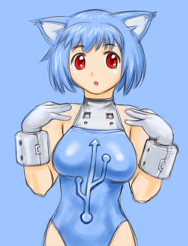 ueyama michirou, usb-tan, original, animal ears, blue hair, bodysuit, gloves, red eyes, short hair, solo, usb