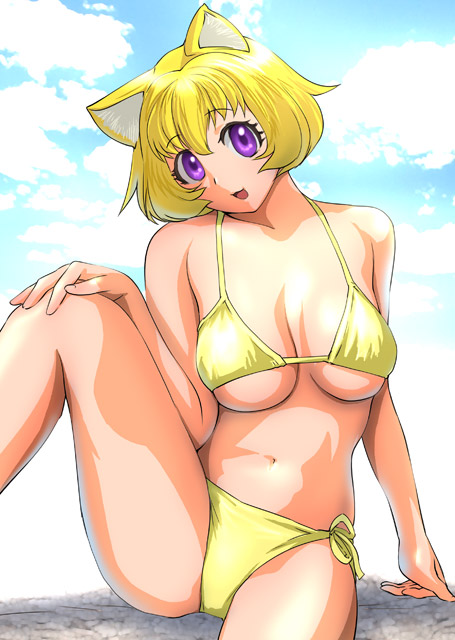 ueyama michirou, original, 1girl, animal ears, bikini, blonde hair, breasts, cloud, day, female focus, large breasts, navel, purple eyes, short hair, side-tie bikini bottom, sitting, sky, solo, spread legs, swimsuit, underboob, yellow bikini