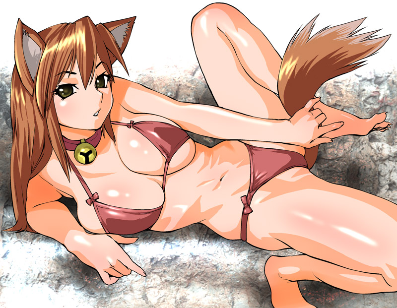 ueyama michirou, copyright request, 1girl, animal ears, barefoot, bell, bikini, breasts, brown hair, collar, female focus, huge breasts, large breasts, long hair, lying, neck bell, red bikini, solo, swimsuit, tail