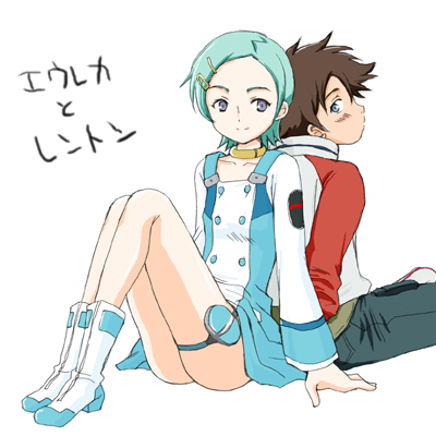 aoyama reo, eureka (eureka seven), renton thurston, eureka seven, eureka seven (series), white footwear, lowres, translated, 00s, 1boy, 1girl, aqua hair, back-to-back, black hair, blue eyes, blush, boots, choker, dress, hair ornament, hairclip, legs, looking back, raglan sleeves, short hair, sitting, smile, thigh strap
