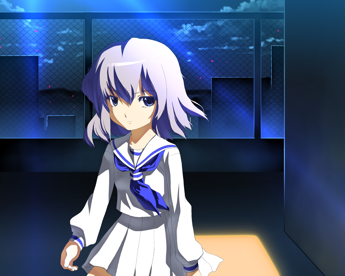 okina ika, original, bad id, bad pixiv id, tagme, blue eyes, purple hair, school uniform, serafuku, solo