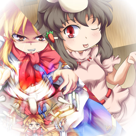 konata gazel, nanatsuhane, ibuki suika, inaba tewi, touhou, 2girls, animal ears, brown eyes, carrot, carrot hair ornament, chain, female focus, food-themed hair ornament, hair ornament, hairclip, horns, multiple girls, one eye closed, rabbit ears, red eyes, tongue, wink