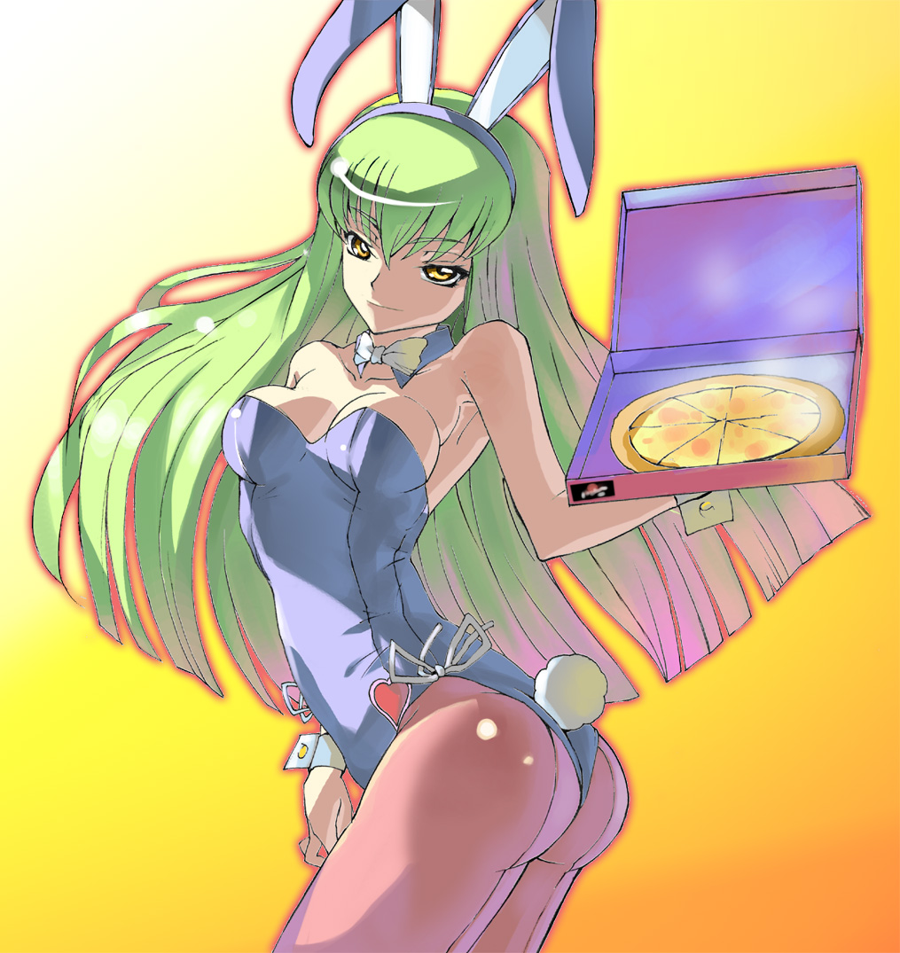 fura, c.c., code geass, 00s, 1girl, animal ears, ass, bow, bowtie, breasts, cleavage, fake animal ears, female focus, food, green hair, leotard, medium breasts, pantyhose, pizza, pizza box, playboy bunny, rabbit ears, solo