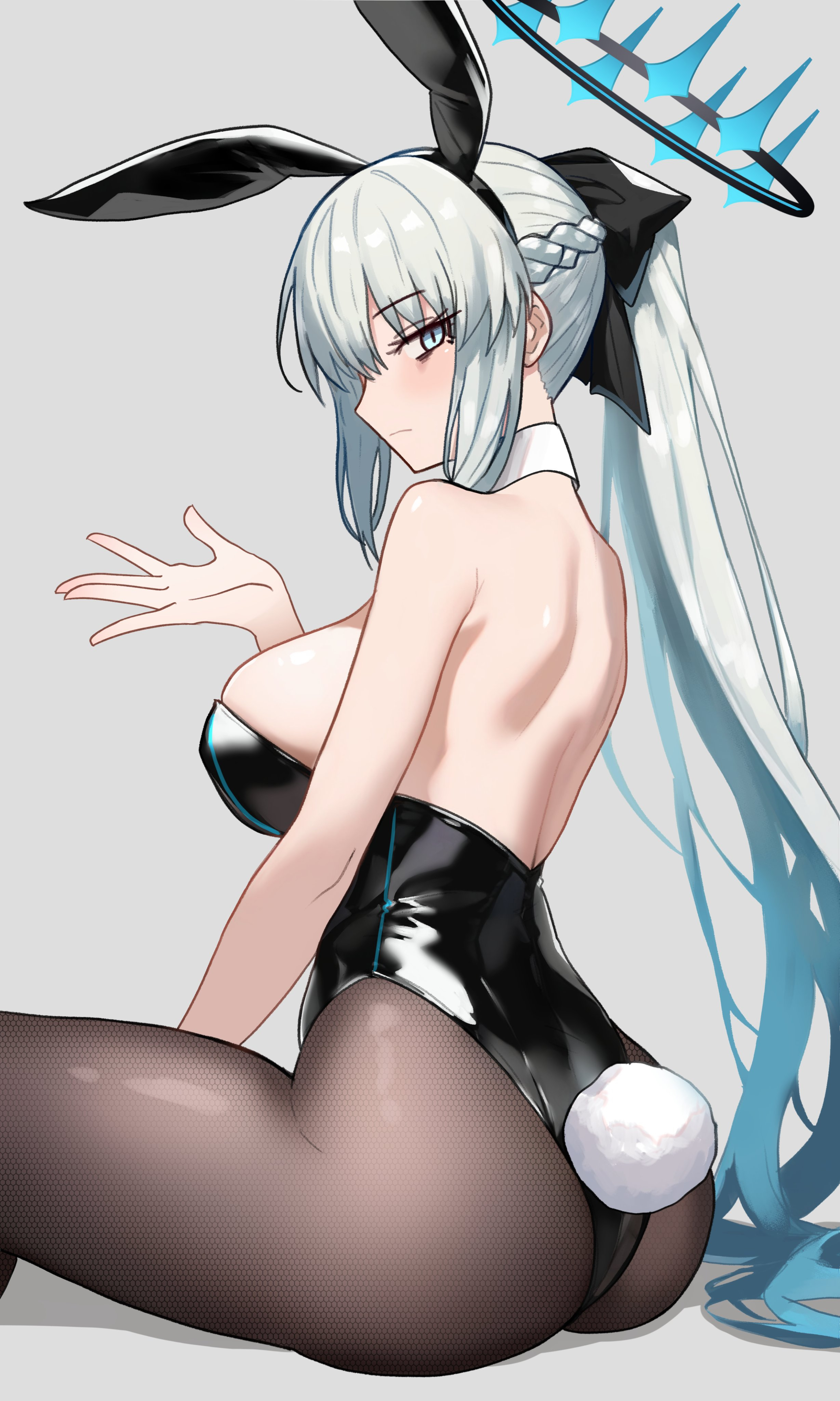ebora, morgan le fay (fate), fate/grand order, fate (series), absurdres, bad link, highres, 1girl, animal ears, ass, back, black bow, black hairband, black halo, black leotard, black pantyhose, blue eyes, bow, braid, breasts, closed mouth, cowboy shot, detached collar, eyebrows hidden by hair, fake animal ears, from side, grey background, grey hair, hair bow, hairband, half up braid, halo, large breasts, leotard, long bangs, long hair, looking at viewer, pantyhose, playboy bunny, ponytail, rabbit ears, rabbit tail, shadow, sidelocks, simple background, sitting, solo, tail, thighs, very long hair