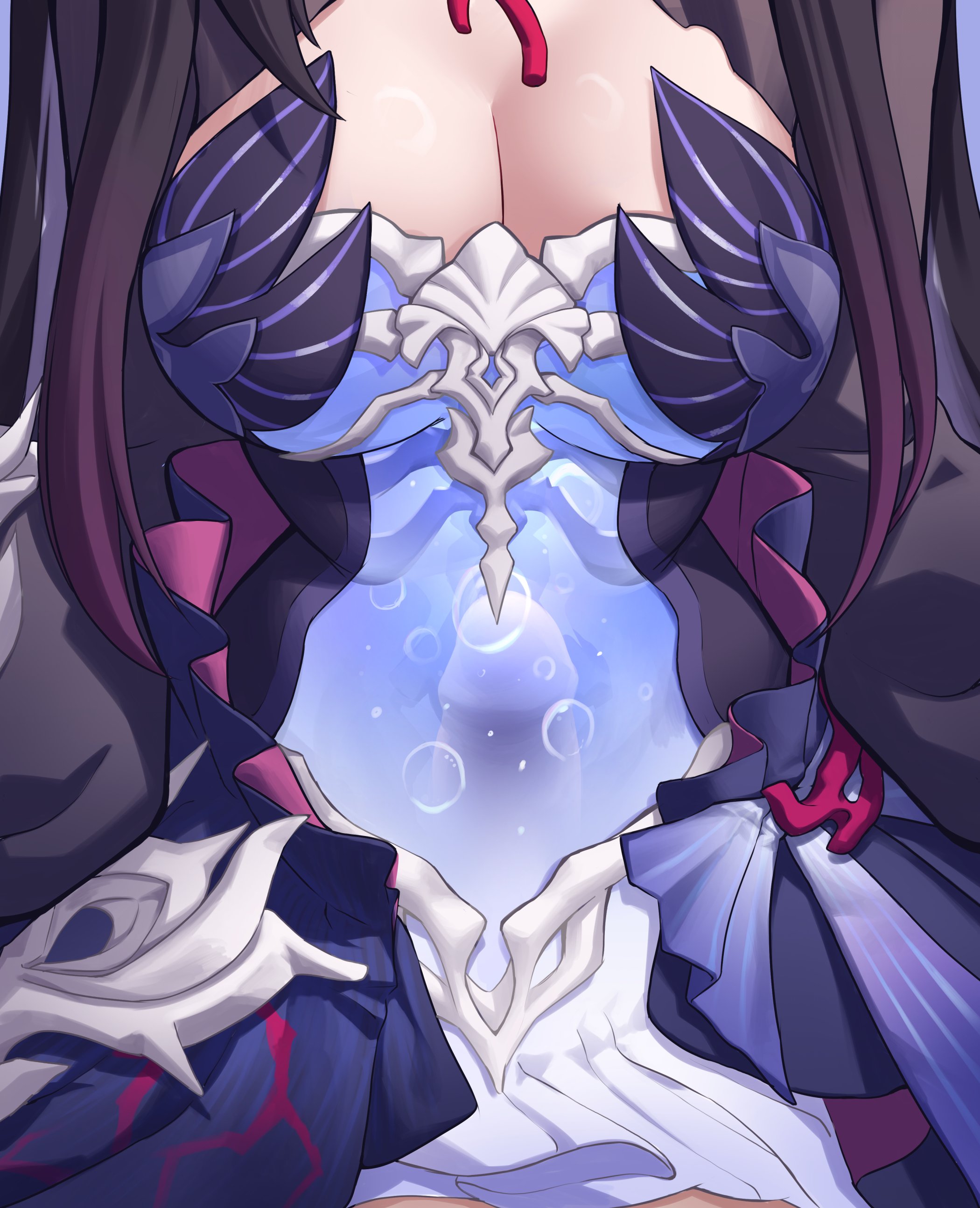 luizhtx, hysilens (honkai: star rail), honkai: star rail, honkai (series), absurdres, commentary, highres, 1boy, 1girl, black hair, black shrug, breasts, cleavage, colored inner hair, colored tips, dress, gradient hair, hetero, long hair, medium breasts, multicolored hair, penis, purple dress, purple hair, see-through body, sex, shrug (clothing), skirt, stomach focus, white skirt
