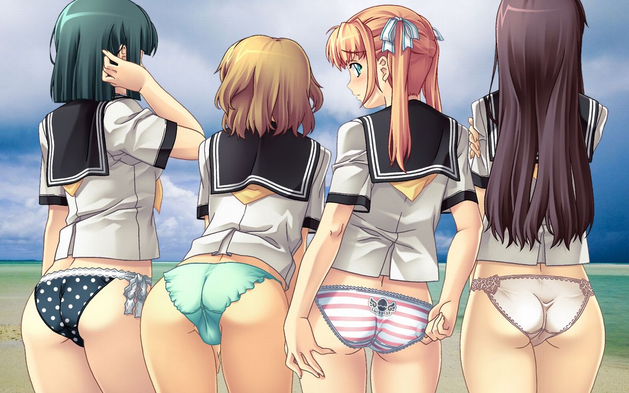 nagayori, 4girls, ass, beach, blush, cloud, everyone, female focus, long hair, midriff, multiple girls, ocean, outdoors, panties, school uniform, serafuku, short hair, sky, standing, take your pick, underwear