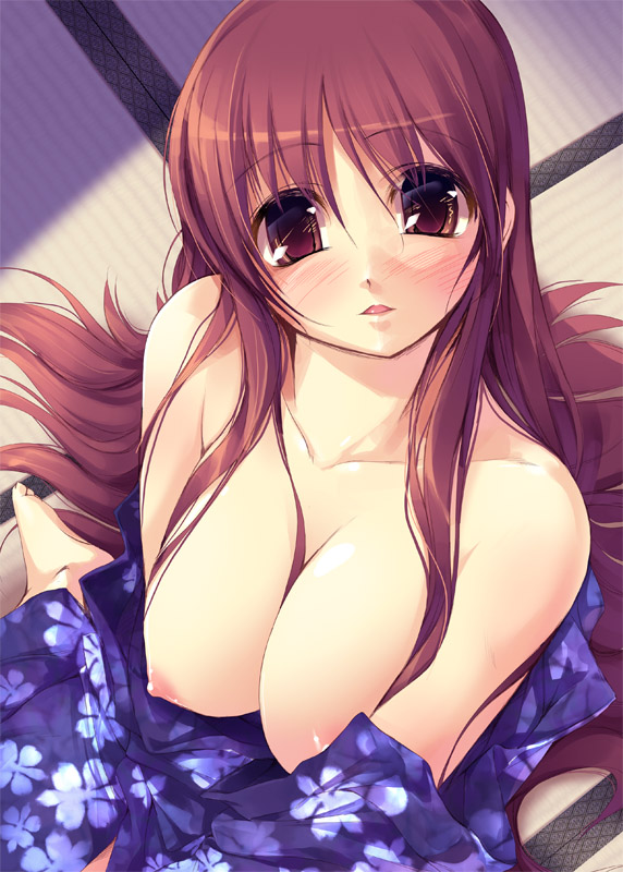 kirishima satoshi, original, 1girl, barefoot, blue kimono, blush, breasts, breasts out, brown eyes, brown hair, clothes down, collarbone, female focus, floral print, from above, hair between breasts, huge breasts, indoors, japanese clothes, kimono, long hair, looking at viewer, nipples, open clothes, open shirt, parted lips, shirt, sitting, solo, tatami, topless female, upper body, yukata