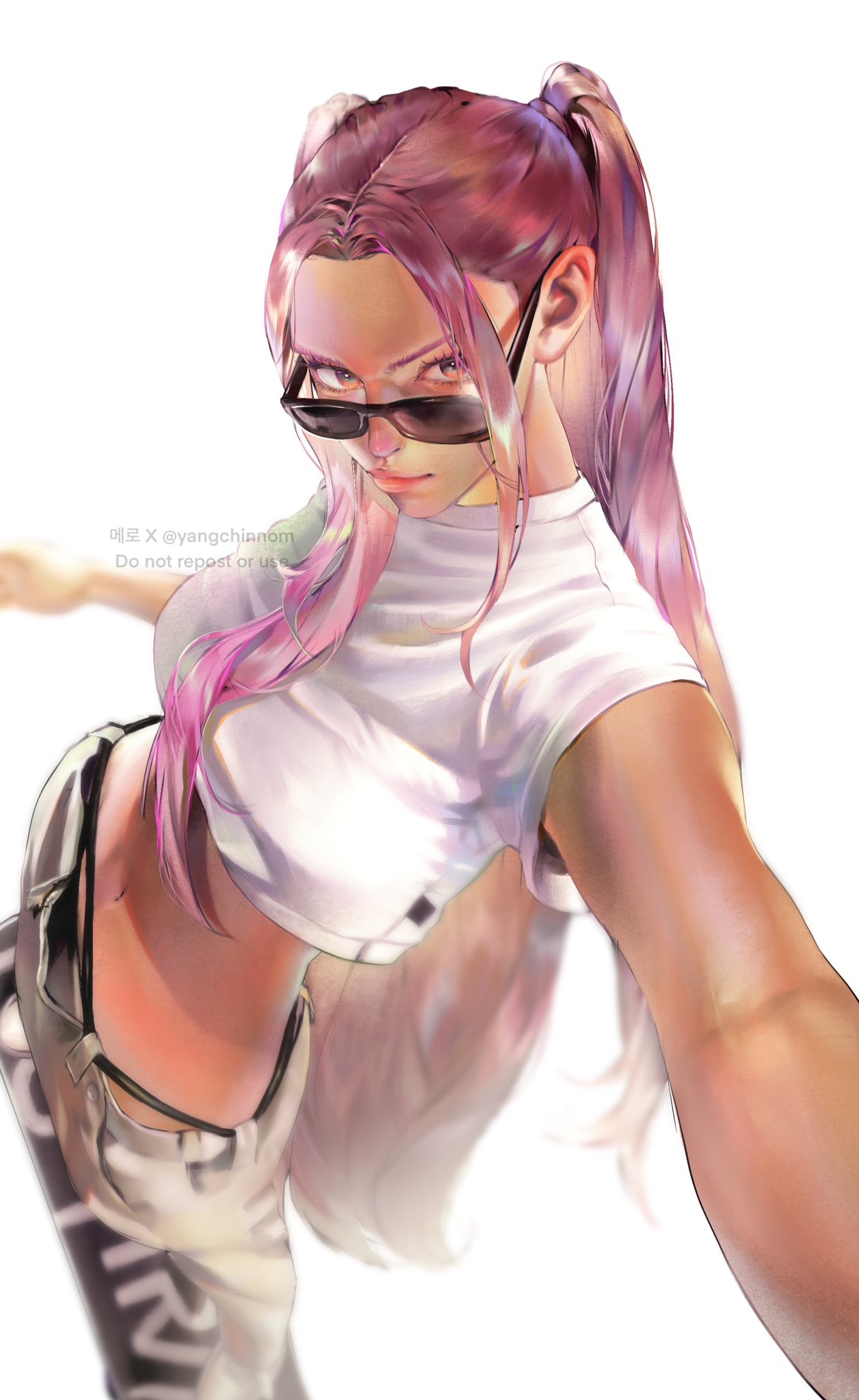 yangchinnom, mira (kpop demon hunters), kpop demon hunters, hashtag-only commentary, highres, 1girl, closed mouth, crop top, eyelashes, long hair, makeup, mascara, navel, pink hair, shirt, sidelocks, simple background, smile, solo, sunglasses, t-shirt, twintails, twitter username, white background, white shirt