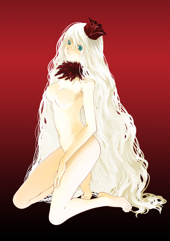 rin kyoutarou, original, bad id, bad pixiv id, 1girl, barefoot, blonde hair, blue eyes, blush, breasts, crown, feet, female focus, full body, gradient background, green eyes, kneeling, legs, long hair, looking at viewer, medium breasts, mini crown, nude, perky breasts, red background, simple background, solo, very long hair, white hair