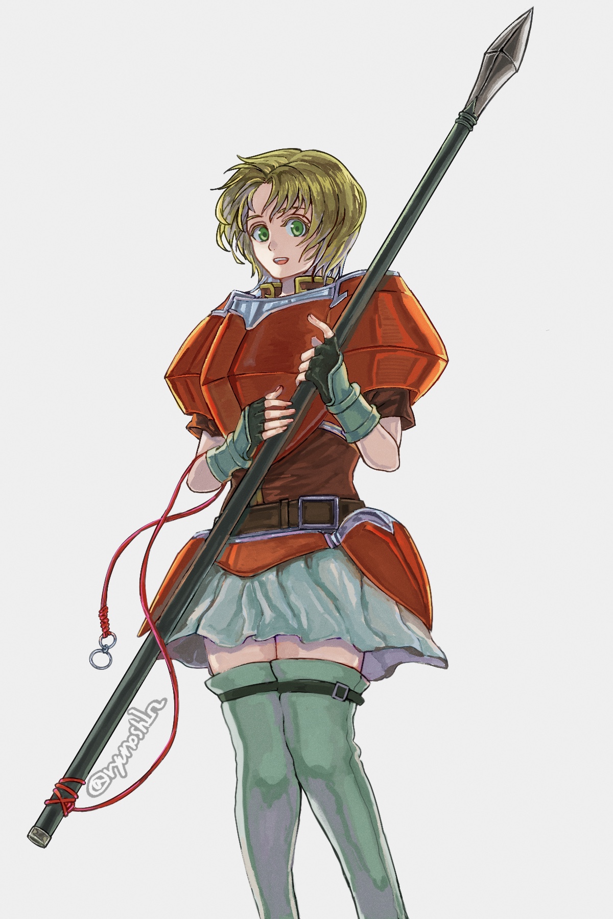 liu (naiqin), amelia (fire emblem), fire emblem, fire emblem: the sacred stones, nintendo, highres, 1girl, armor, blonde hair, breastplate, green eyes, hip armor, holding, holding polearm, holding weapon, pleated skirt, polearm, red armor, shoulder armor, skirt, solo, spear, thighhighs, weapon, white skirt