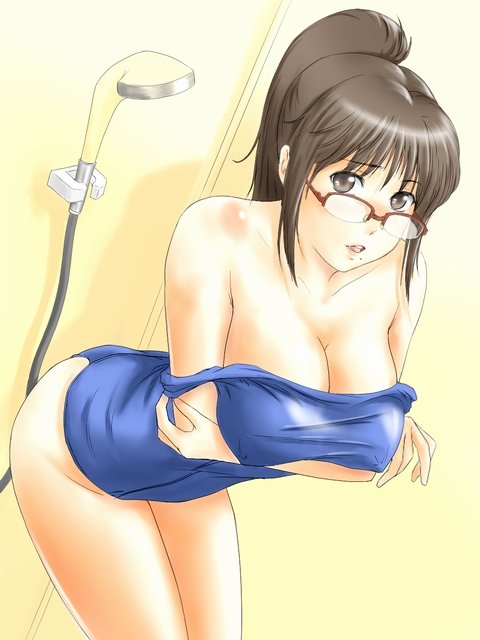 eau, 1girl, bent over, breasts, brown eyes, brown hair, cleavage, female focus, glasses, large breasts, one-piece swimsuit, ponytail, school swimsuit, showering, solo, swimsuit, undressing