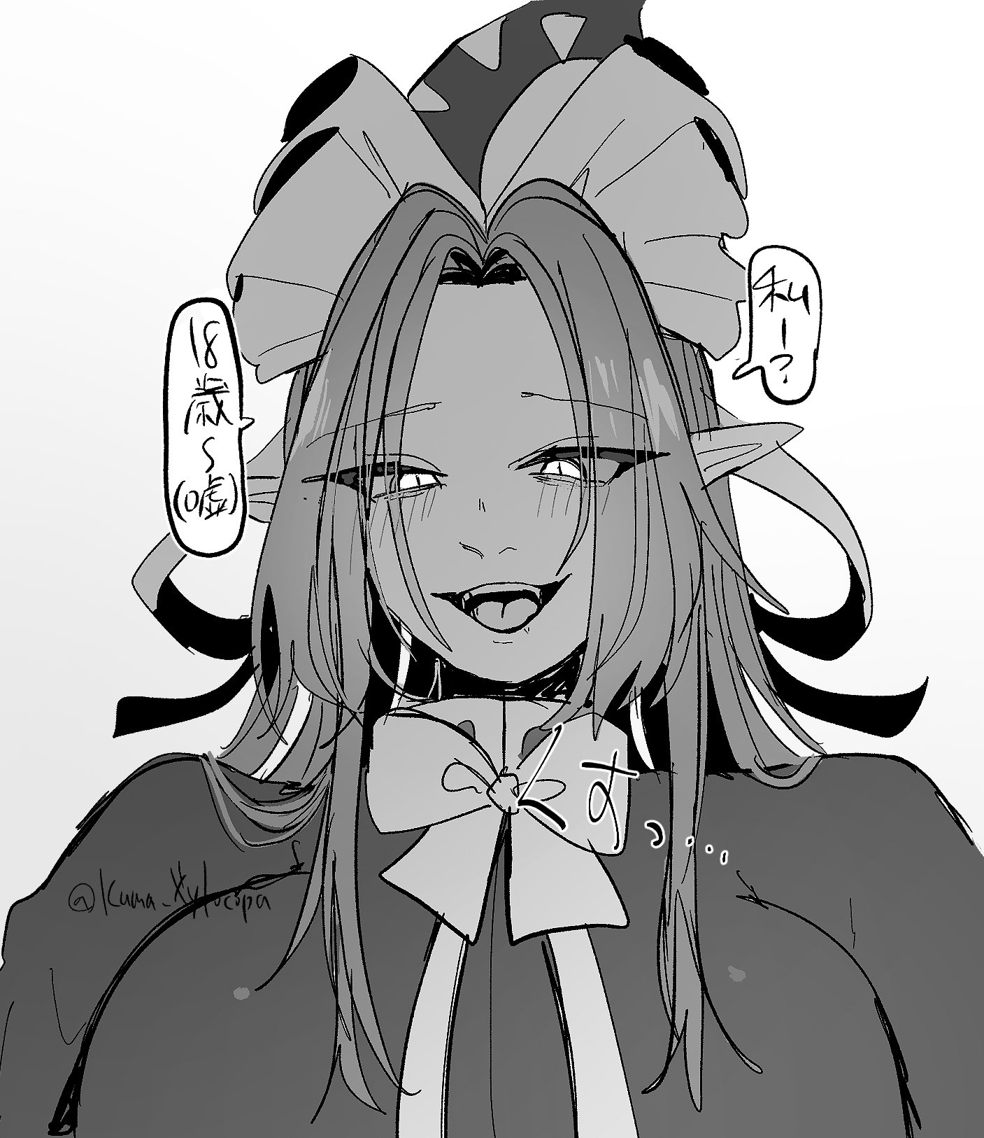 kuma xylocopa, mima (touhou), touhou, touhou (pc-98), highres, 1girl, breasts, conical hat, curtained hair, facing viewer, greyscale, hat, hat ribbon, looking at viewer, monochrome, neck ribbon, open mouth, pointy ears, ribbon, sidelocks, tongue, upper body