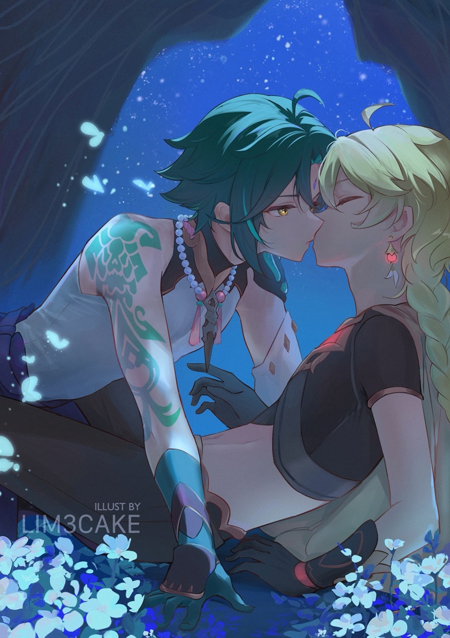lim3cake, aether (genshin impact), xiao (genshin impact), genshin impact, highres, arm tattoo, blonde hair, green hair, hand on ground, kiss, looking at another, male focus, midriff, night, night sky, on ground, outdoors, sky, star (sky), starry sky, tattoo, yaoi