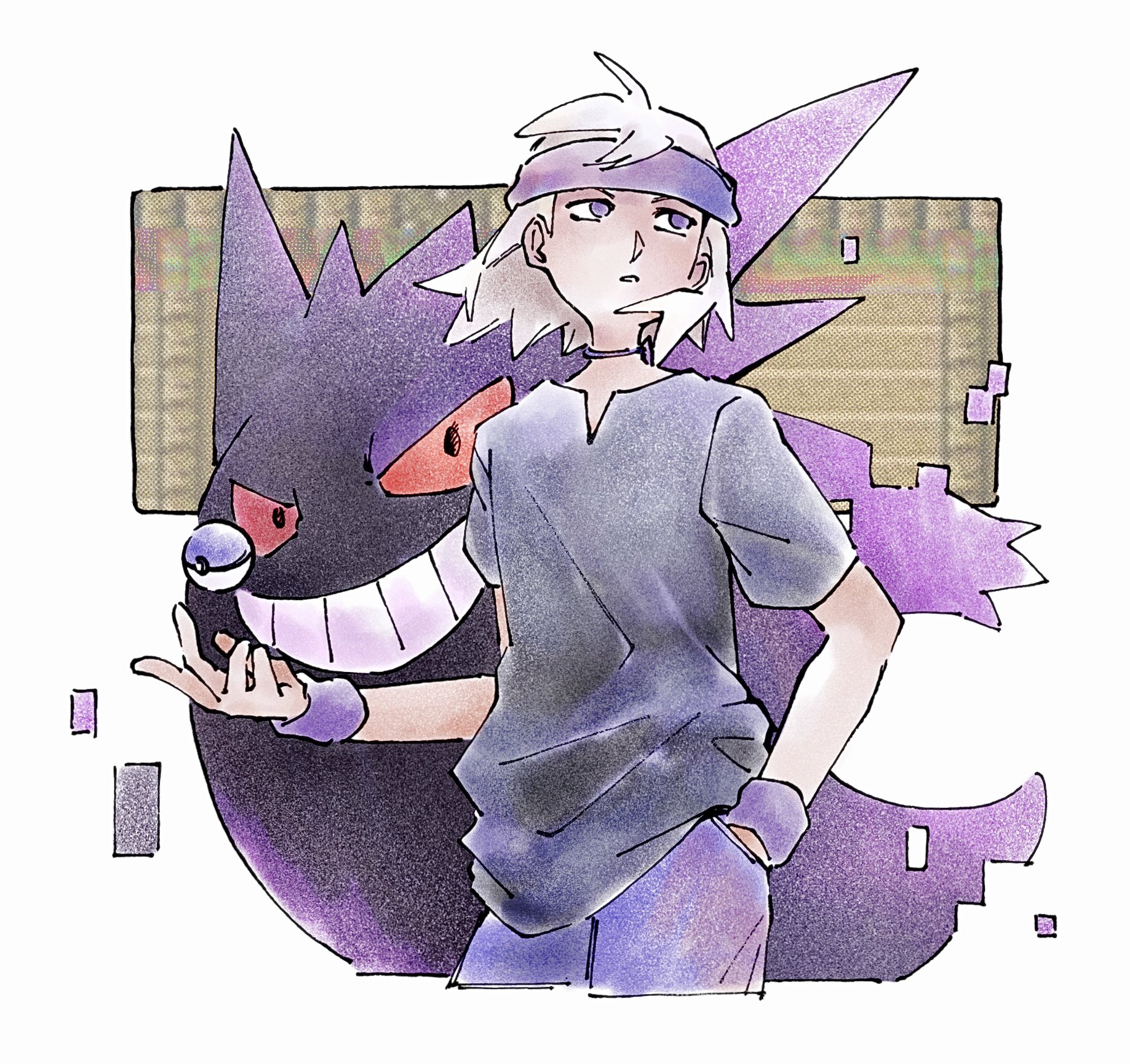 tan carbonnn, gengar, morty (pokemon), nintendo, pokemon, pokemon gsc, highres, 1boy, arm up, black shirt, blonde hair, colored skin, cropped legs, floating hair, gen 1 pokemon, grin, hand in pocket, headband, jewelry, looking to the side, male focus, necklace, pants, parted lips, poke ball, pokemon (creature), purple eyes, purple headband, purple pants, purple skin, red eyes, shirt, short sleeves, sideways glance, smile, t-shirt, teeth, wristband