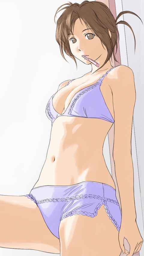 eau, derivative work, 1girl, bra, brown eyes, brown hair, female focus, lingerie, panties, short hair, solo, toothbrush, underwear, underwear only
