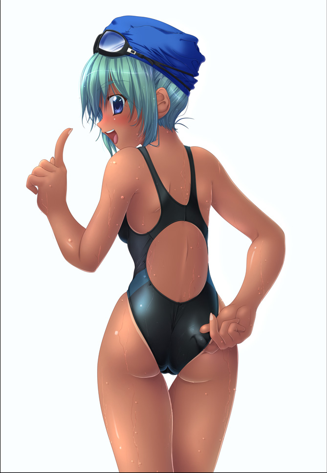 ishii akira, 1girl, adjusting clothes, adjusting swimsuit, ass, competition swimsuit, female focus, from behind, goggles, green hair, index finger raised, one-piece swimsuit, one-piece tan, pointing, short hair, simple background, solo, swimsuit, tan, tanline, thigh gap, white background
