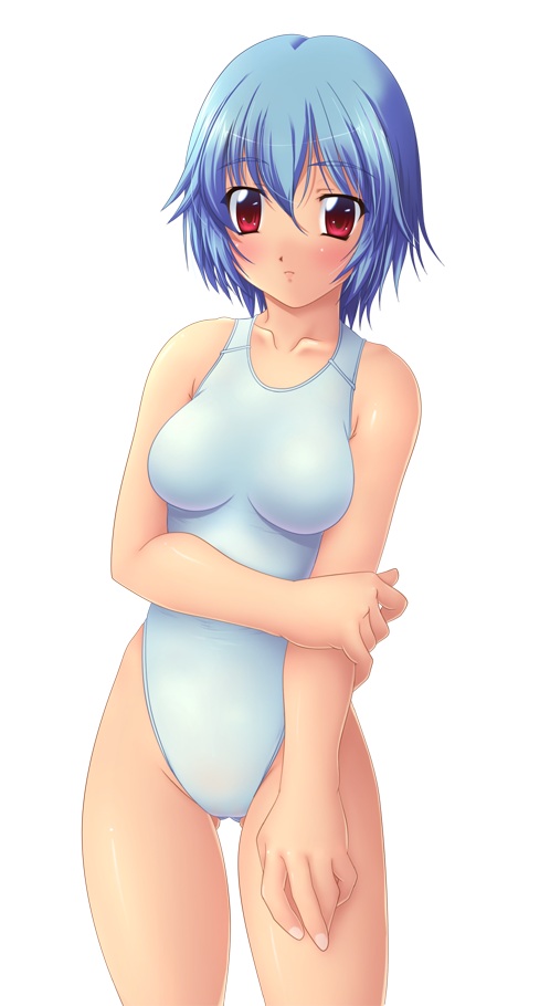 ishii akira, ayanami rei, neon genesis evangelion, 1girl, bare shoulders, blue hair, blush, breasts, collarbone, competition swimsuit, female focus, fingernails, gluteal fold, groin, looking at viewer, medium breasts, one-piece swimsuit, parted lips, red eyes, shiny skin, short hair, simple background, solo, standing, swimsuit, upper body, white background, white one-piece swimsuit