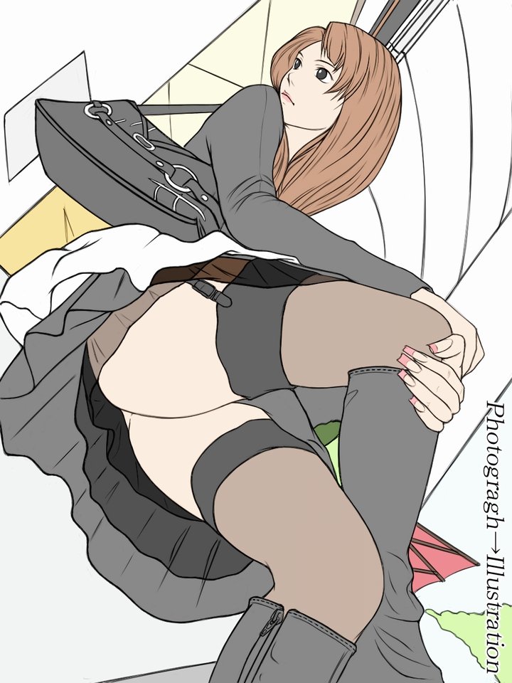 eau, copyright request, derivative work, photo-referenced, bag, black thighhighs, boots, brown hair, fingernails, flat color, from below, garter belt, garter straps, grey boots, handbag, long fingernails, long hair, sitting, solo, thighhighs, thighhighs under boots