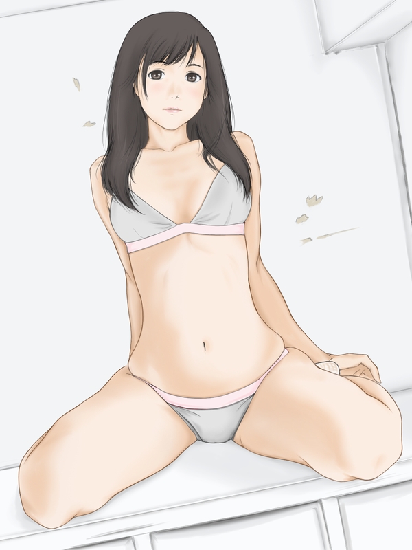 eau, derivative work, 1girl, black hair, bra, brown eyes, female focus, lingerie, long hair, panties, sitting, solo, underwear, underwear only, wariza