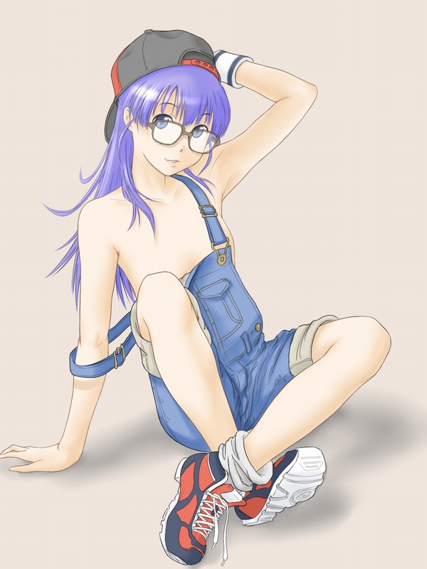 eau, norimaki arale, dr. slump, 1girl, female focus, flat chest, glasses, hat, long hair, naked overalls, no nipples, overalls, purple hair, solo, strap slip