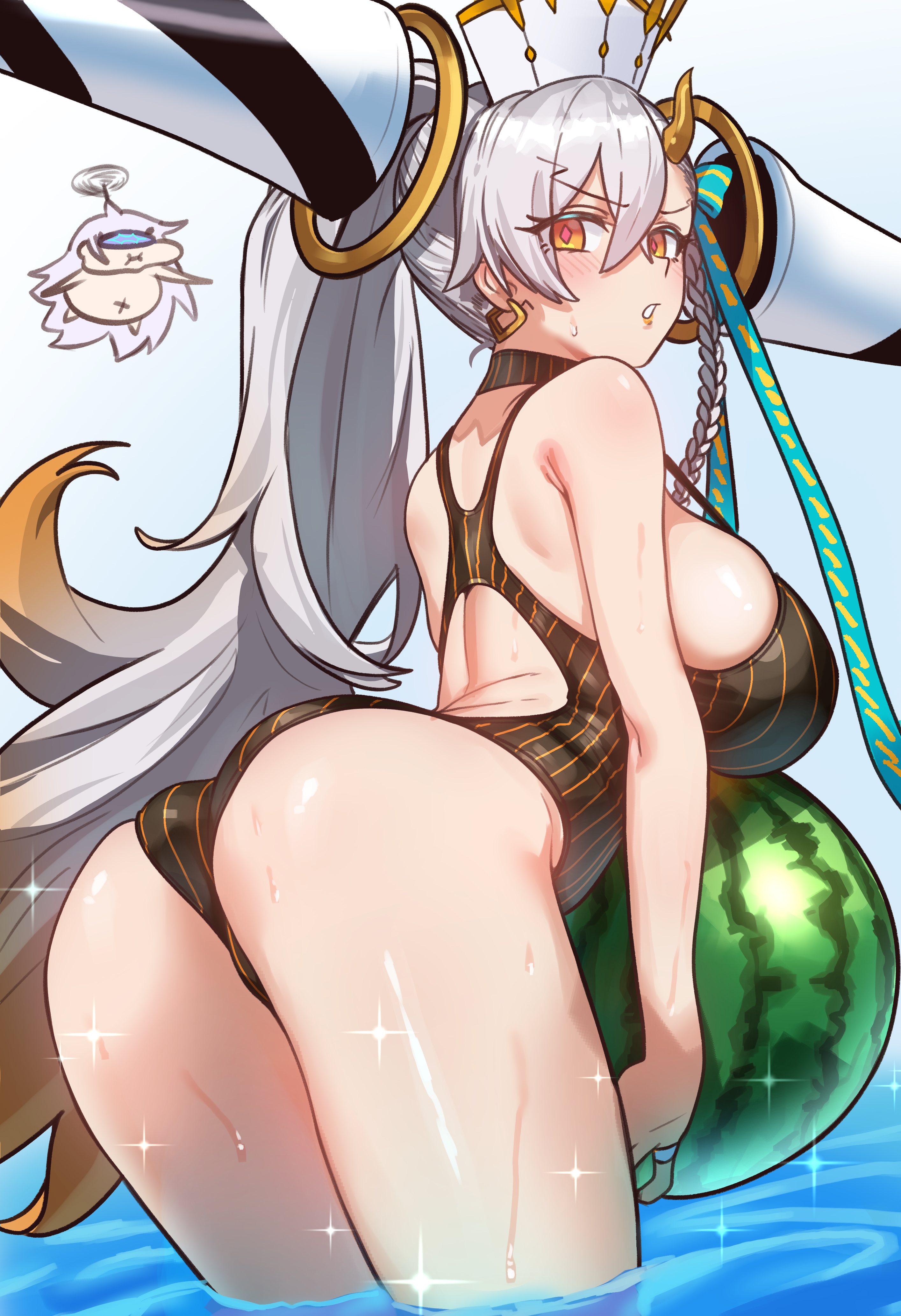 ebora, melusine (fate), olga marie animusphere, u-olga marie, fate/grand order, fate (series), absurdres, bad link, highres, 2girls, alternate costume, ass, asymmetrical bangs, ball, beachball, black one-piece swimsuit, blush, braid, breasts, chibi, earrings, hair ribbon, horns, huge horns, jewelry, long hair, long horns, looking at viewer, looking back, multiple girls, one-piece swimsuit, orange eyes, parted lips, ponytail, ribbon, side braid, solo focus, swimsuit, thighs, very long hair, water, watermelon beachball, white hair