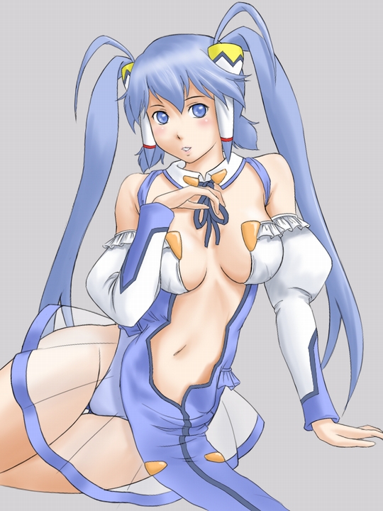 eau, aoba anoa, otomedius, 1girl, antenna hair, black bow, black bowtie, blue eyes, blue hair, bow, bowtie, breasts, breasts apart, detached collar, eay, female focus, grey background, long hair, matching hair/eyes, pelvic curtain, revealing clothes, see-through clothes, see-through skirt, simple background, skirt, solo, twintails