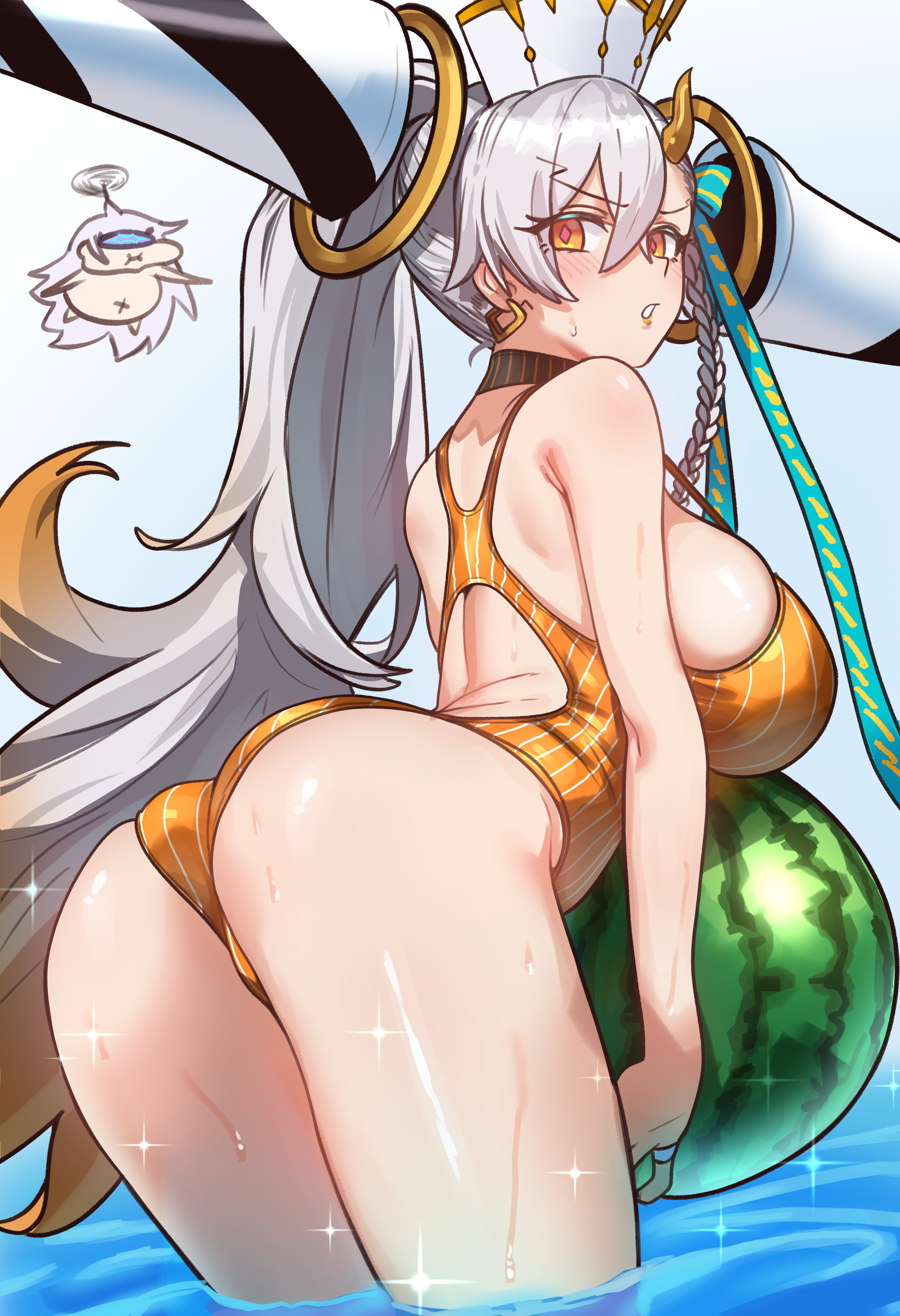 ebora, melusine (fate), olga marie animusphere, u-olga marie, fate/grand order, fate (series), absurdres, bad link, highres, variant set, 2girls, alternate costume, ass, asymmetrical bangs, ball, beachball, blush, braid, breasts, chibi, earrings, hair ribbon, horns, huge horns, jewelry, long hair, long horns, looking at viewer, looking back, multiple girls, one-piece swimsuit, orange eyes, orange one-piece swimsuit, parted lips, ponytail, ribbon, side braid, solo focus, swimsuit, thighs, very long hair, water, watermelon beachball, white hair