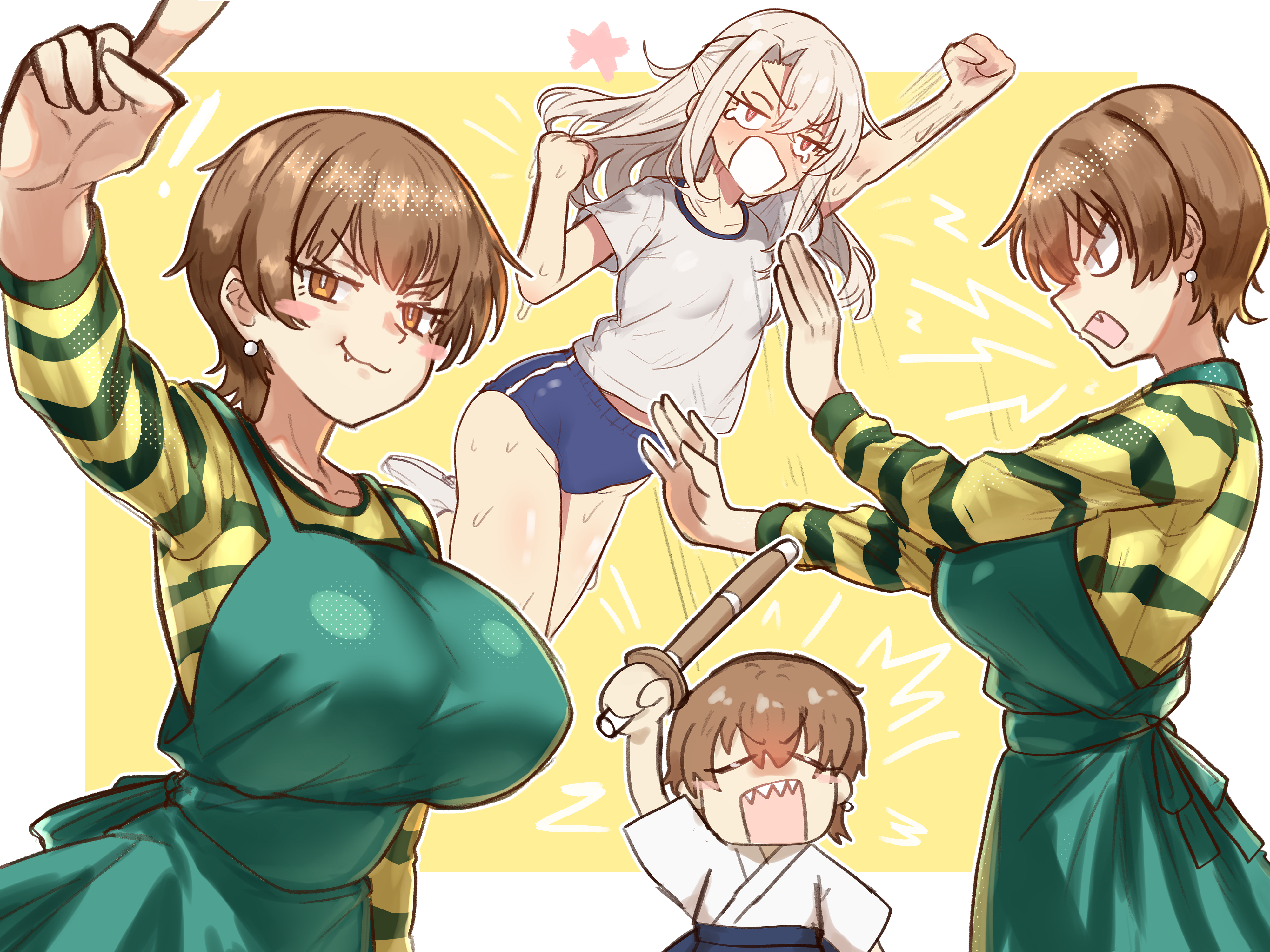 ebora, fujimura taiga, illyasviel von einzbern, fate/stay night, fate (series), absurdres, bad link, highres, 2girls, alternate breast size (larger), blush, breasts, brown hair, fang, gym shorts, large breasts, long hair, long sleeves, looking at viewer, multiple girls, open mouth, red eyes, shinai, shirt, short hair, shorts, small breasts, smile, striped clothes, striped shirt, sword, weapon, white hair, white mouth, white shirt