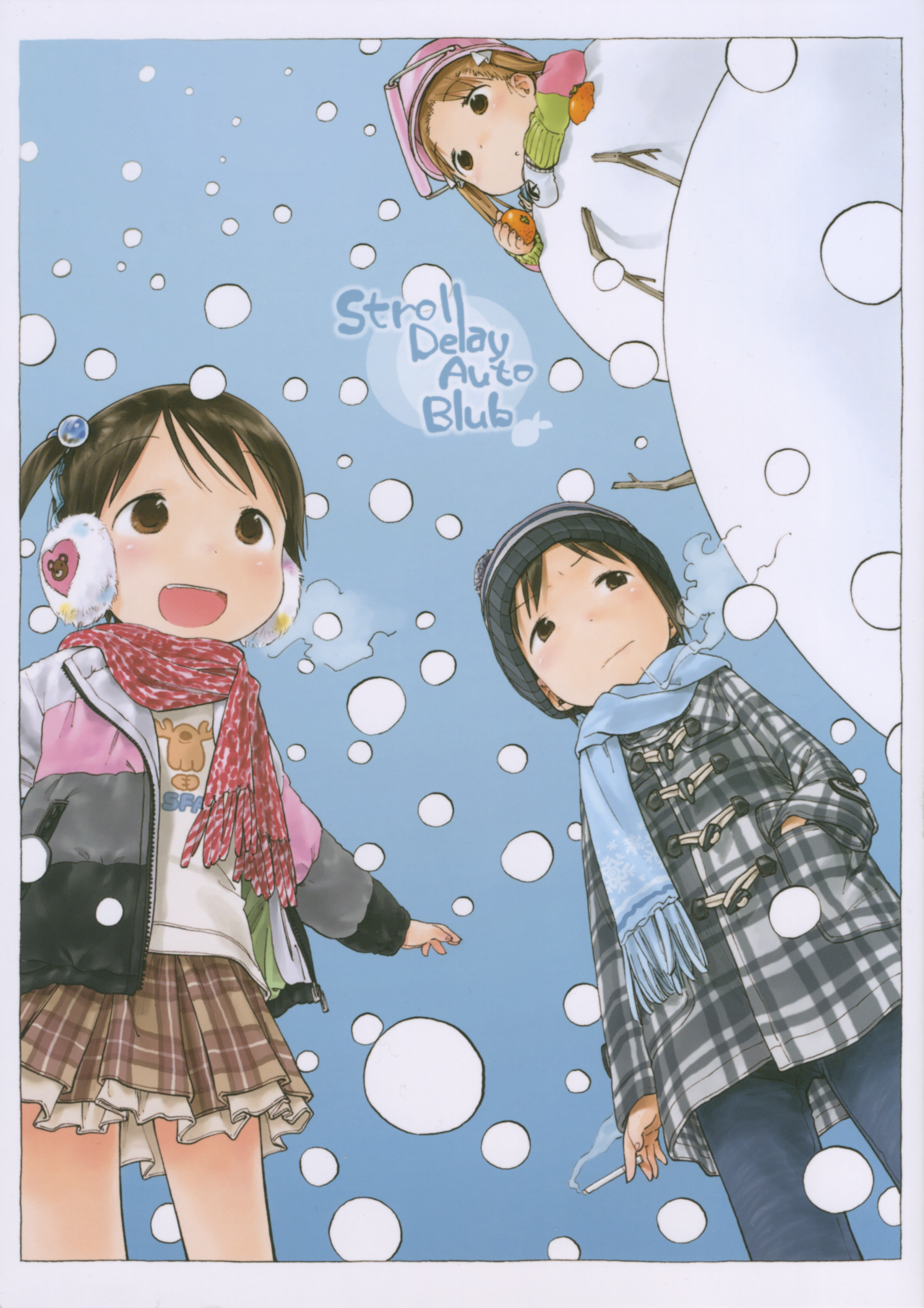 barasui, itou chika, itou nobue, matsuoka miu, ichigo mashimaro, absurdres, highres, 3girls, blush, child, cigarette, earmuffs, hair bobbles, hair ornament, happy, hat, heart, multiple girls, scarf, siblings, sisters, skirt, smoking, snow, snowman