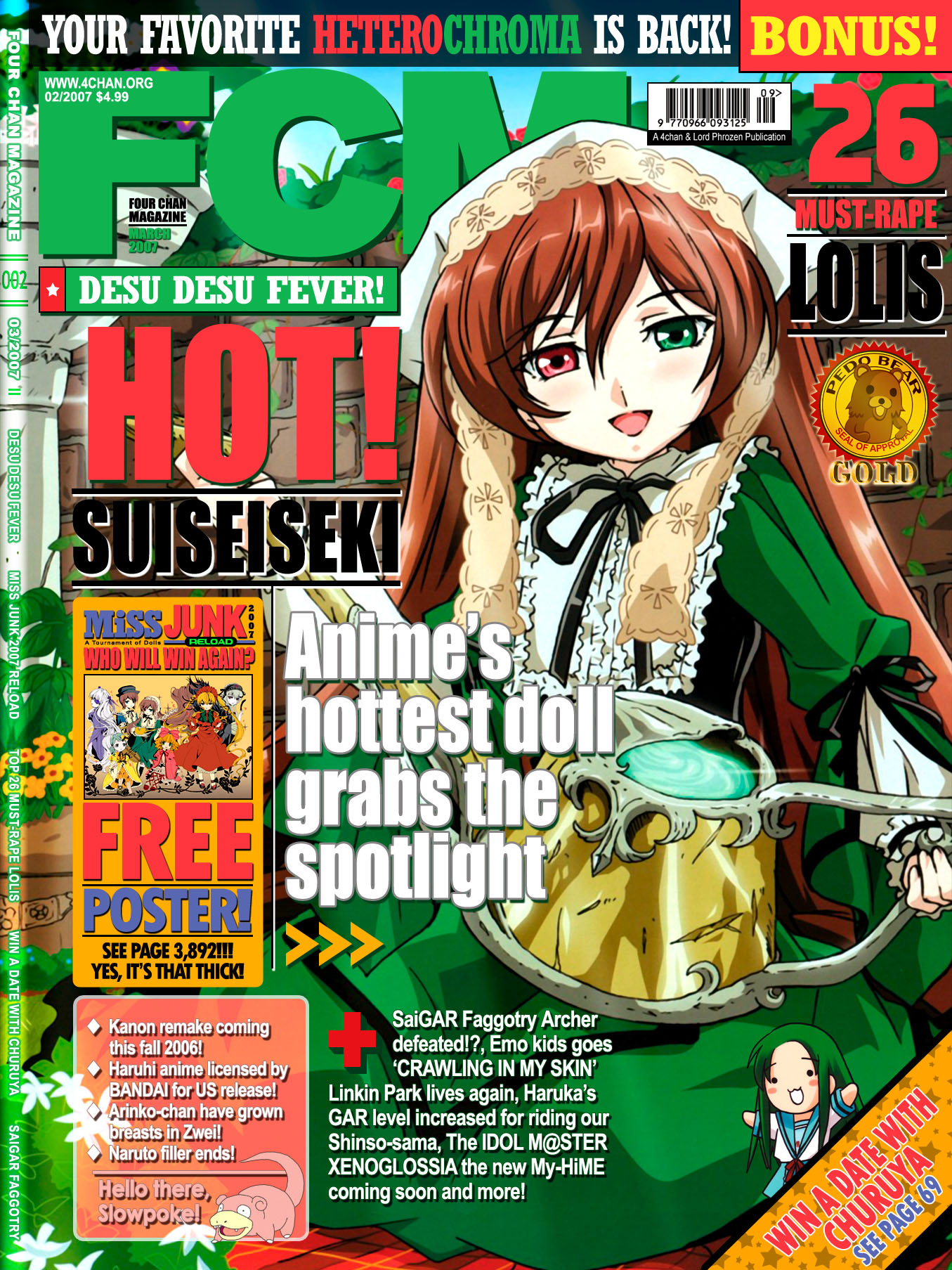 lord phr0zen, tamura masafumi, churuya, pedobear, slowpoke, suiseiseki, 4chan, fcm, nintendo, pokemon, rozen maiden, creatures (company), game freak, highres, scan, . ., blanket, blush, brown hair, cover, doll, dress, flower, frills, gen 1 pokemon, hat, heterochromia, long hair, magazine (object), magazine cover, outdoors, sitting, smile, very long hair, watering can