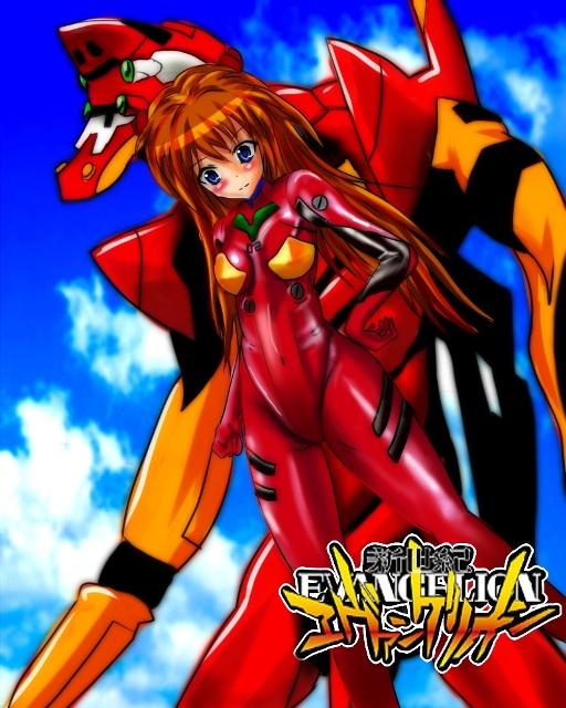 blastbeat, eva 02, souryuu asuka langley, neon genesis evangelion, bad id, bad pixiv id, 1girl, blue eyes, blush, bracer, cloud, copyright name, day, hair between eyes, hand on own hip, legs apart, long hair, mecha, mecha pilot suit, outdoors, plugsuit (evangelion), red hair, robot, skin tight, sky, standing, thighs