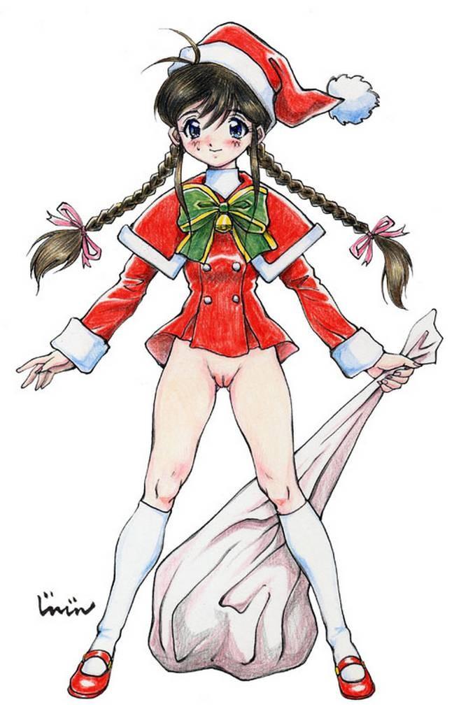 jinjin, traditional media, 1girl, bell, bottomless, bow, braid, brown hair, capelet, christmas, dress, female focus, full body, hat, long hair, no panties, pussy, santa costume, short twintails, simple background, socks, solo, twin braids, twintails, uncensored, white background